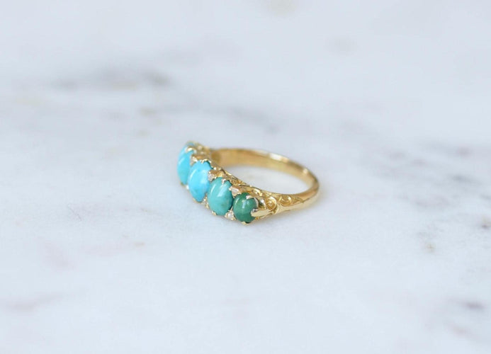 Bague 53 Bague jarretière en or jaune, turquoises et diamants 58 Facettes