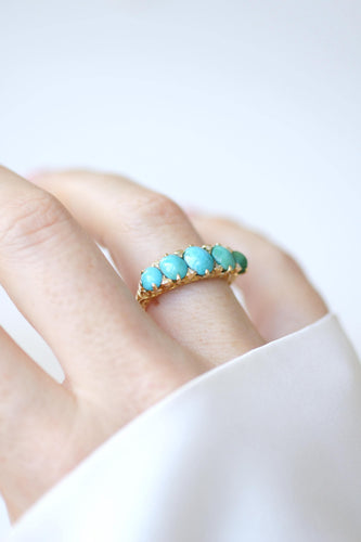 Bague 53 Bague jarretière en or jaune, turquoises et diamants 58 Facettes