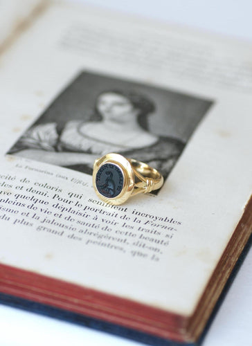 Bague 59 Chevalière intaille chien en jaspe sanguin et or jaune 58 Facettes
