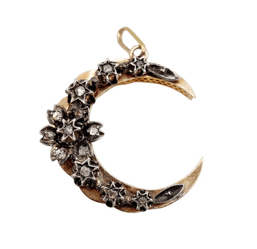 Pendentif Pendentif croissant victorien en or 18k, argent et diamants taille rose 58 Facettes A07442