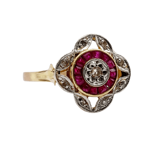Bague 53 Bague cible Art déco en or 18K, diamants et rubis synthétiques 58 Facettes A07449