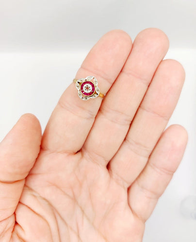 Bague 53 Bague cible Art déco en or 18K, diamants et rubis synthétiques 58 Facettes A07449