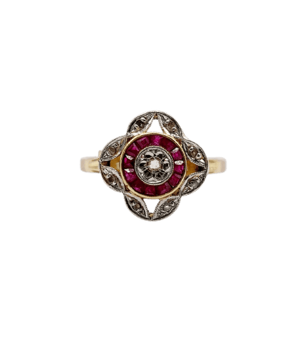 Bague 53 Bague cible Art déco en or 18K, diamants et rubis synthétiques 58 Facettes A07449