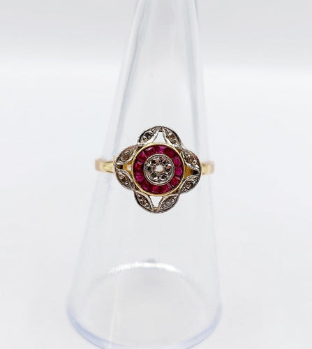 Bague 53 Bague cible Art déco en or 18K, diamants et rubis synthétiques 58 Facettes A07449