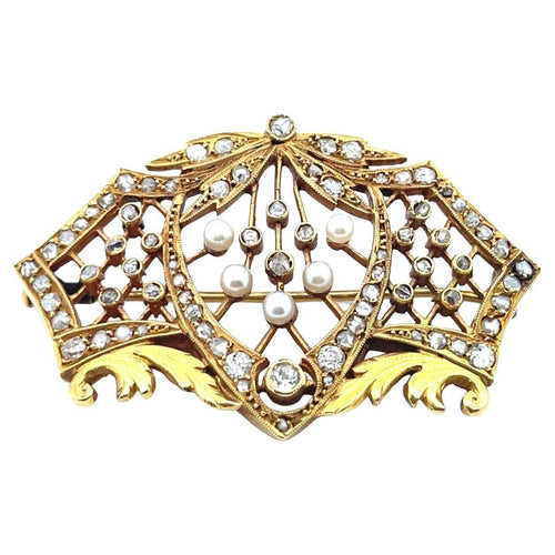 Broche Art Nouveau - Broche en or jaune 18k, diamants et perles 58 Facettes