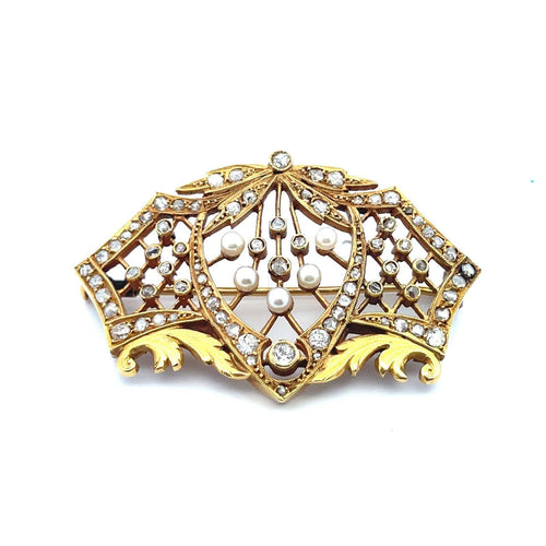 Broche Art Nouveau - Broche en or jaune 18k, diamants et perles 58 Facettes