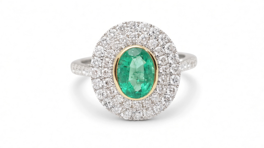 Bague 54 Bague double entourage en or bicolore, émeraude et diamants 58 Facettes 32849