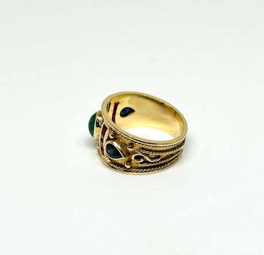 Bague 54.5 Bague byzantine en or jaune, émeraude, saphirs et rubis 58 Facettes Byz1