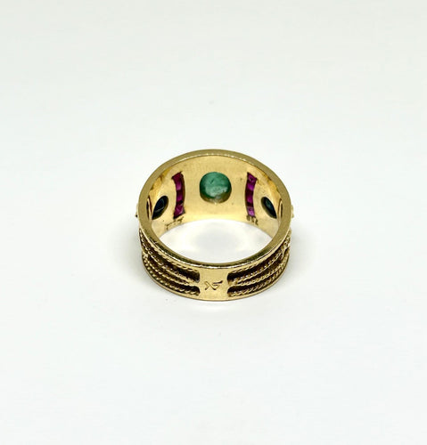 Bague 54.5 Bague byzantine en or jaune, émeraude, saphirs et rubis 58 Facettes Byz1
