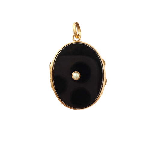 Pendentif Pendentif médaillon porte-souvenir en or jaune, onyx et perle 58 Facettes