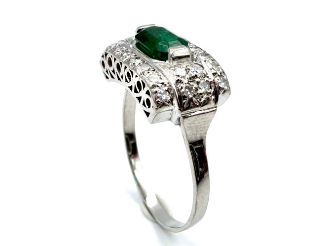 Bague 62 Bague Art déco en or blanc, platine, émeraude et diamants 58 Facettes VINTAGE BG