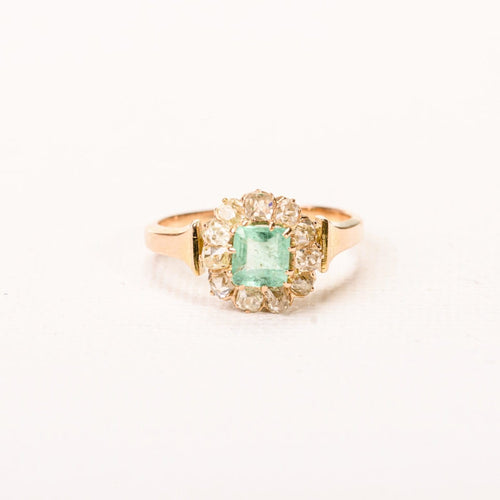 Bague 52 Bague marguerite ancienne en or rose, émeraude et diamants 58 Facettes LMB-357