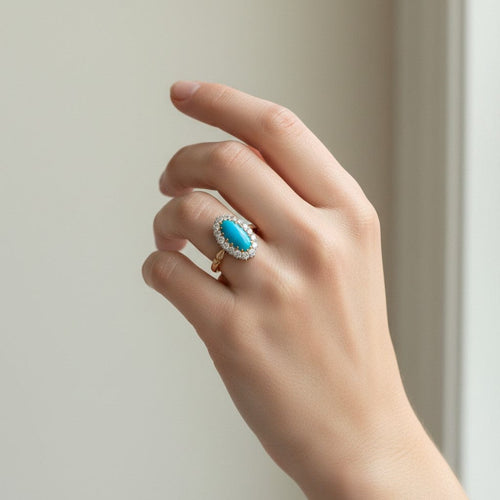 Bague 54 Bague victorienne en or 18 carats, turquoise naturelle et diamants 58 Facettes RI-1055
