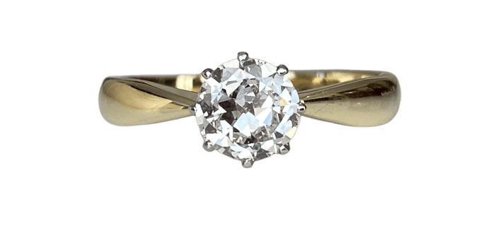 54 Bague solitaire Art déco en or jaune 14 carats, diamant 0,80 ct 58 Facettes ring