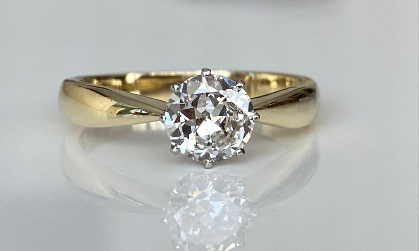 54 Bague solitaire Art déco en or jaune 14 carats, diamant 0,80 ct 58 Facettes ring