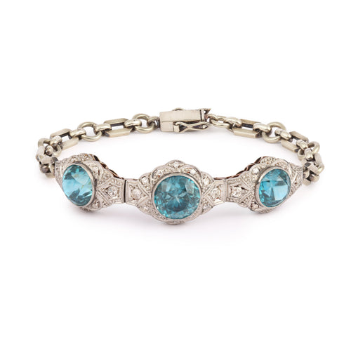 Bracelet vintage en or gris, platine, zircons bleus et diamants 58 Facettes