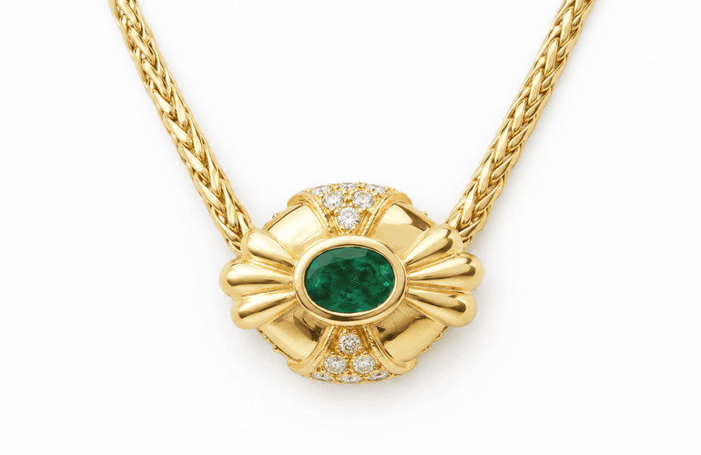Pendentif émeraude naturelle et diamants en or jaune 58 Facettes