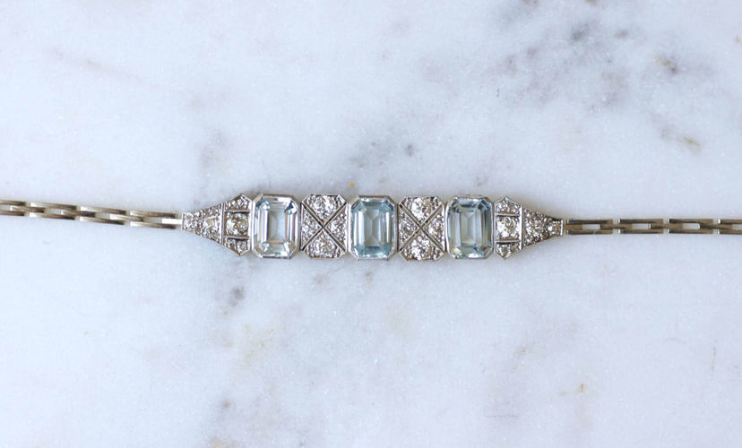 Art déco - Bracelet en or blanc, aigues-marines et diamants 58 Facettes
