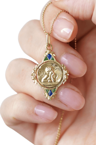 Art Nouveau - Médaille ange en or jaune 18 ct et émail 58 Facettes