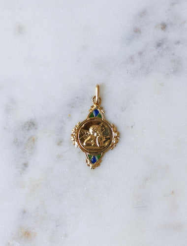 Art Nouveau - Médaille Ange Penseur en or jaune et émail 58 Facettes
