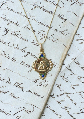 Art Nouveau - Médaille Ange Penseur en or jaune et émail 58 Facettes