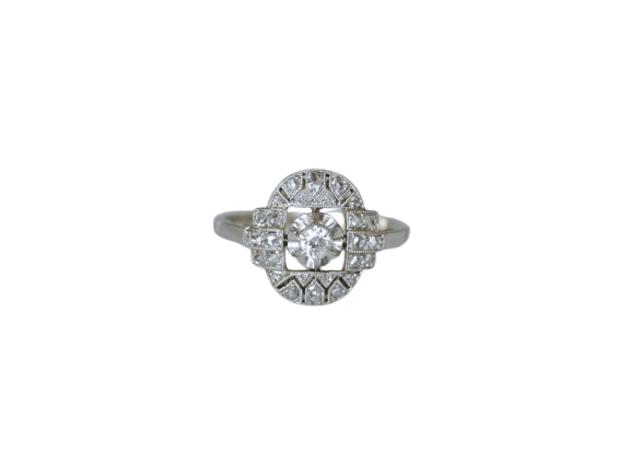 54.5 Art déco - Bague ovale en platine, or blanc et diamants 58 Facettes