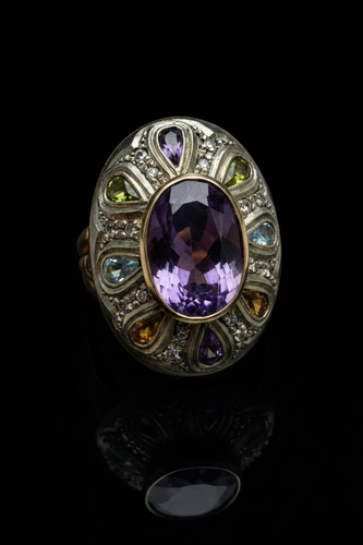 Bague 66 Bague artistique en or jaune, argent et pierres multicolores 58 Facettes