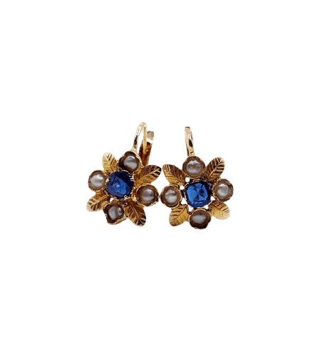 Dormeuses fleur Art nouveau en or 18k, verres bleus et perles