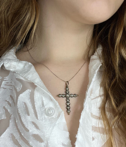 Pendentif Croix style gothique - Pendentif en or et argent avec diamants taille rose 58 Facettes