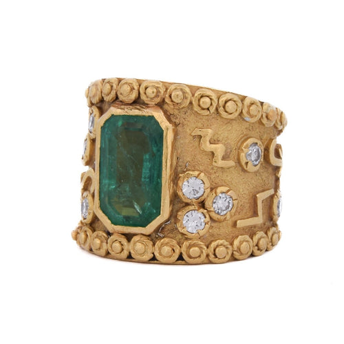 47 Bague vintage en or 18 kt avec émeraude et diamants 58 Facettes AN687 '(05290)
