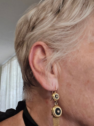 Napoléon III - Boucles d'oreilles en or 18 ct, onyx et perles 58 Facettes 1