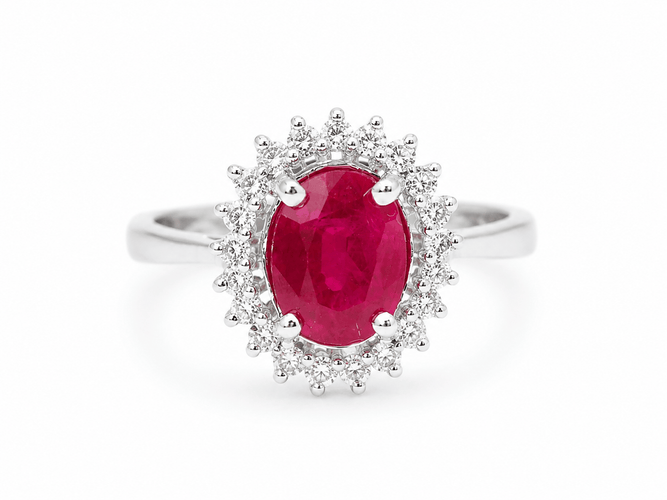 59.5 Bague entourage en or blanc, rubis et diamants 58 Facettes F4833