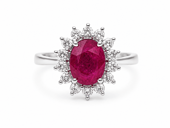 54 Bague entourage en or blanc, rubis et diamants 58 Facettes 32239