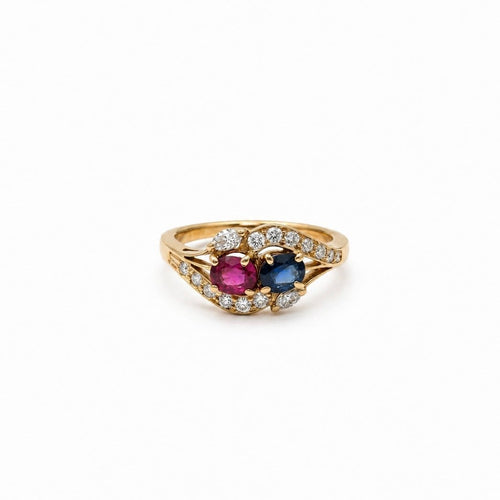 52 Toi & Moi - Bague en or jaune, saphir, rubis et diamants 58 Facettes 1.0000015/2