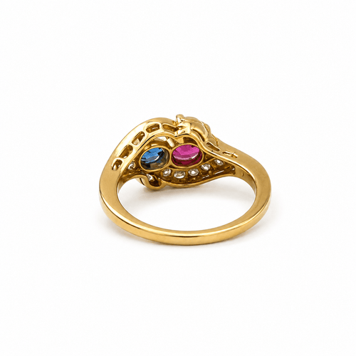 52 Toi & Moi - Bague en or jaune, saphir, rubis et diamants 58 Facettes 1.0000015/2