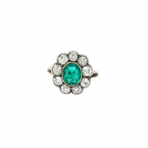 Bague Bague Belle Époque - cluster en or rose et argent, émeraude et diamants 58 Facettes
