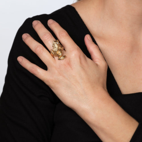 Bague 57 Bague grenouille vintage années 1970 en or jaune 14k et diamants 58 Facettes G14210