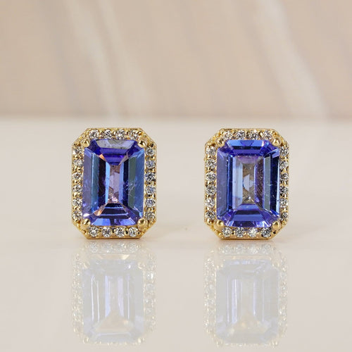 Boucles d'oreilles en or jaune 14 ct, tanzanites GFCO et diamants 58 Facettes E0035