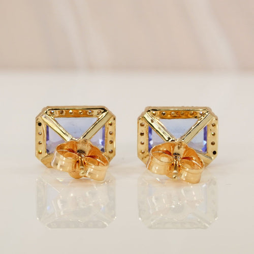 Boucles d'oreilles en or jaune 14 ct, tanzanites GFCO et diamants 58 Facettes E0035