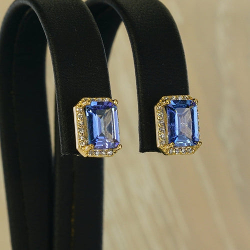 Boucles d'oreilles en or jaune 14 ct, tanzanites GFCO et diamants 58 Facettes E0035