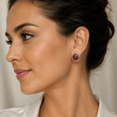 Boucles d'oreilles Boucles d'oreilles vintage en or jaune 18 kt et rubis cabochon 58 Facettes OR245 107-149 (00619)