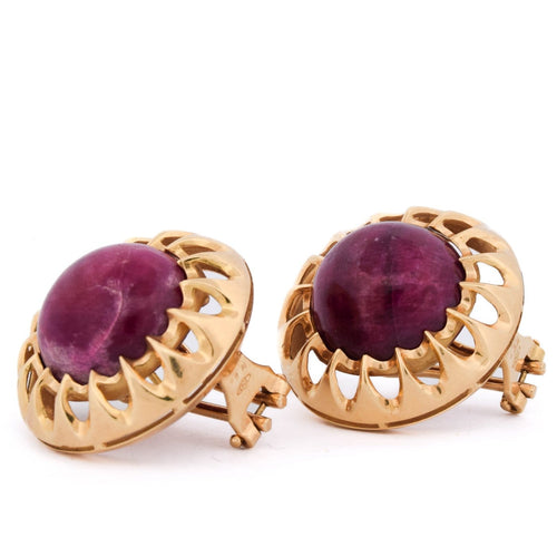 Boucles d'oreilles vintage en or jaune 18 kt et rubis cabochon 58 Facettes OR245 '(00619)