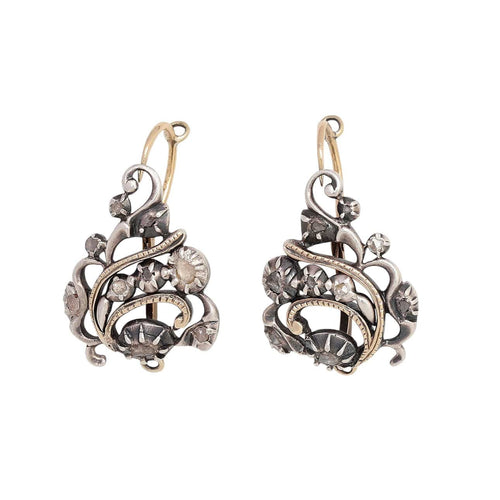Boucles d'oreilles anciennes en or jaune 18K, argent et diamants 58 Facettes E63