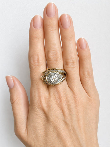 57 Bague ancienne 1950 en or jaune, platine et diamants 58 Facettes Bague 2