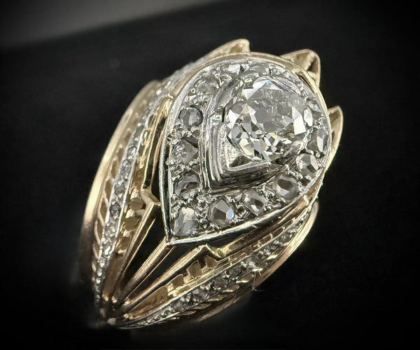 57 Bague ancienne 1950 en or jaune, platine et diamants 58 Facettes Bague 2