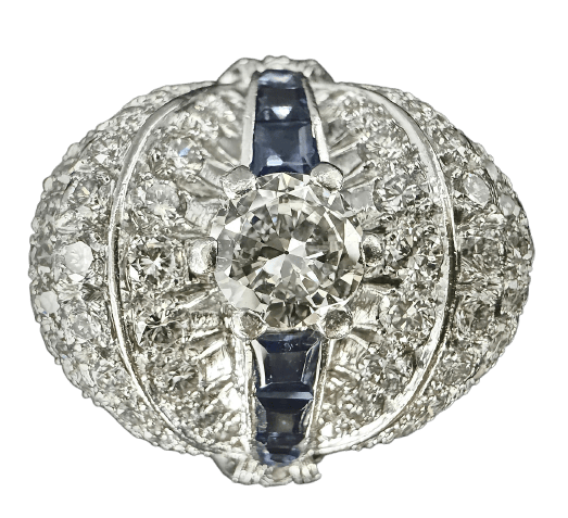 Art Déco - Bague cocktail en platine, diamants et saphirs