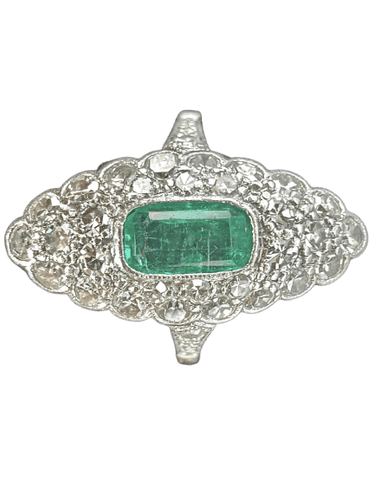 Bague 58 Belle Époque - Bague navette en platine, émeraude et diamants 58 Facettes Bague 6