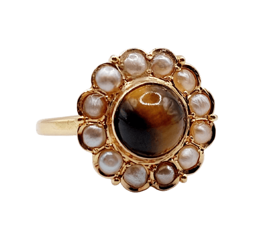 Bague marguerite vintage en or 18k, quartz œil de tigre et perles