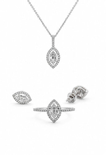 Parure - Bague, collier et boucles d'oreilles en or blanc et diamants 58 Facettes 90995-96-97-ac13127