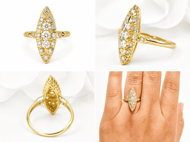 55.5 Bague marquise en or jaune et diamants 58 Facettes 33721
